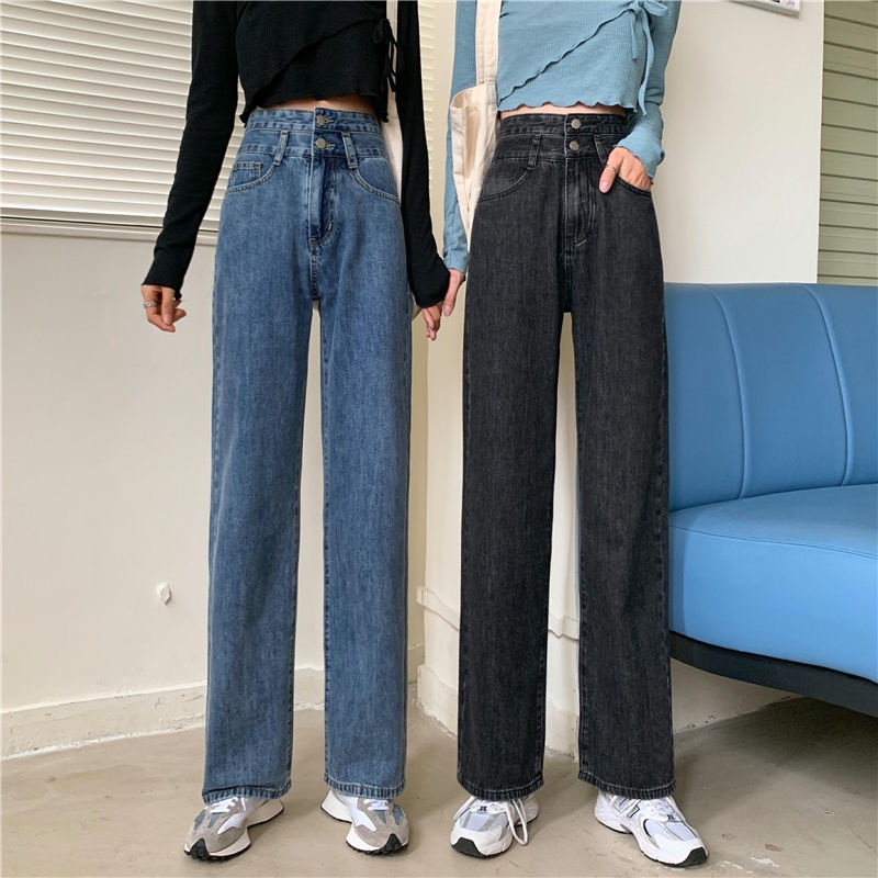 ✅COD JEANS HIGHWAIST PANTS  DENIM BLACK/BLUE/BLUE-BLACK LOOSE KOREA （Two Buttons）