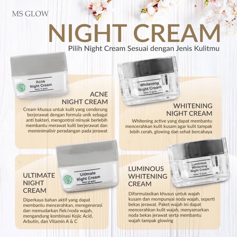 Night cream ms glow/Acne/whitening/ultimate/luminous night cream