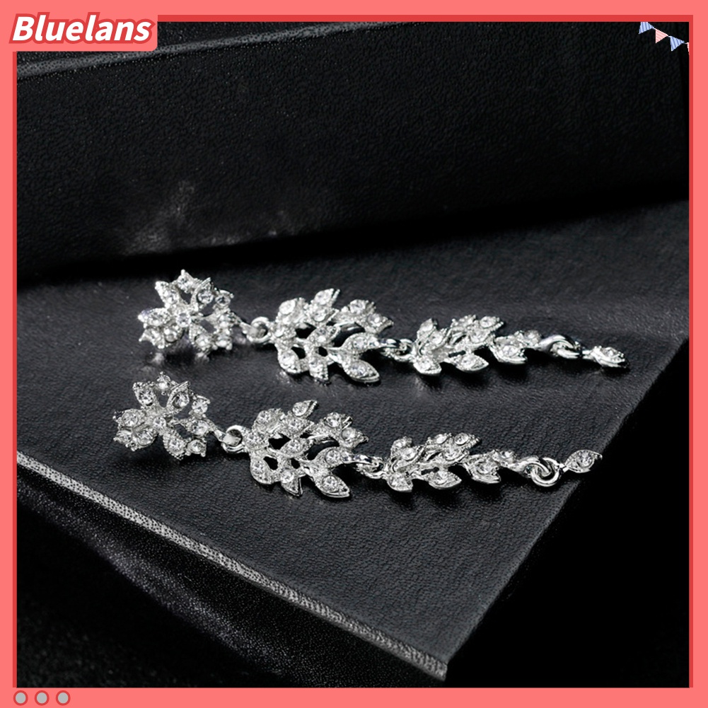 Bluelans Set Perhiasan Kalung Anting Berlian Imitasi Bentuk Daun Untuk Pengantin Wanita