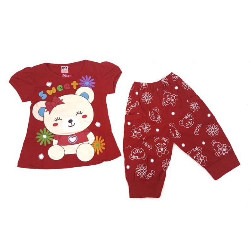 SETELAN FASHION BAJU ANAK PEREMPUAN DONUT 2-6 TAHUN MOTIF SWEET BEAR LENGAN PENDEK CELANA PANJANG