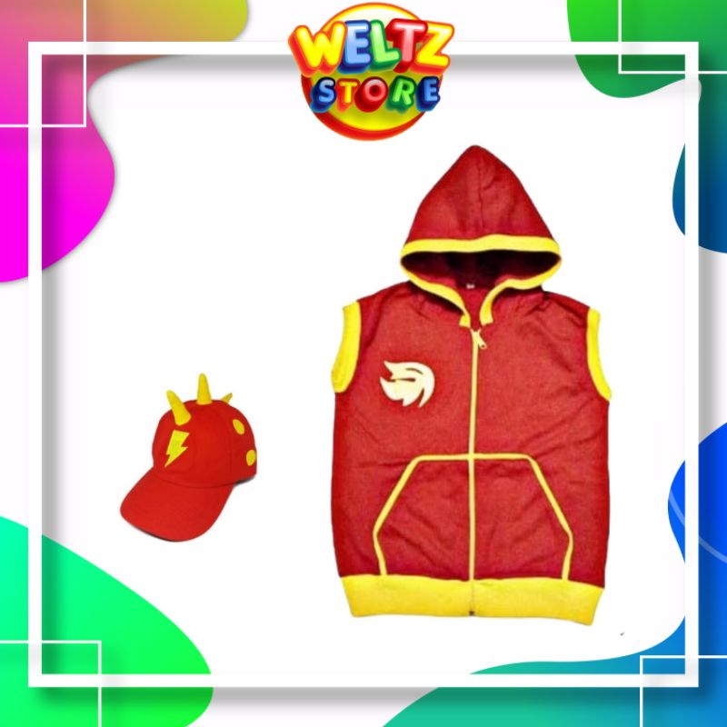 Rompi Hoodie Boboiboy Api Anak / Sweater Singlet Boboiboy Api Gratis Topi