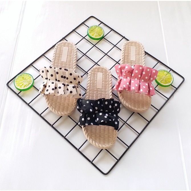 BB PUFFY Import REMPEL POLKADOT ROTAN Sandal Wanita Murah Slip Casual Teplek Sendal Cewek Flat