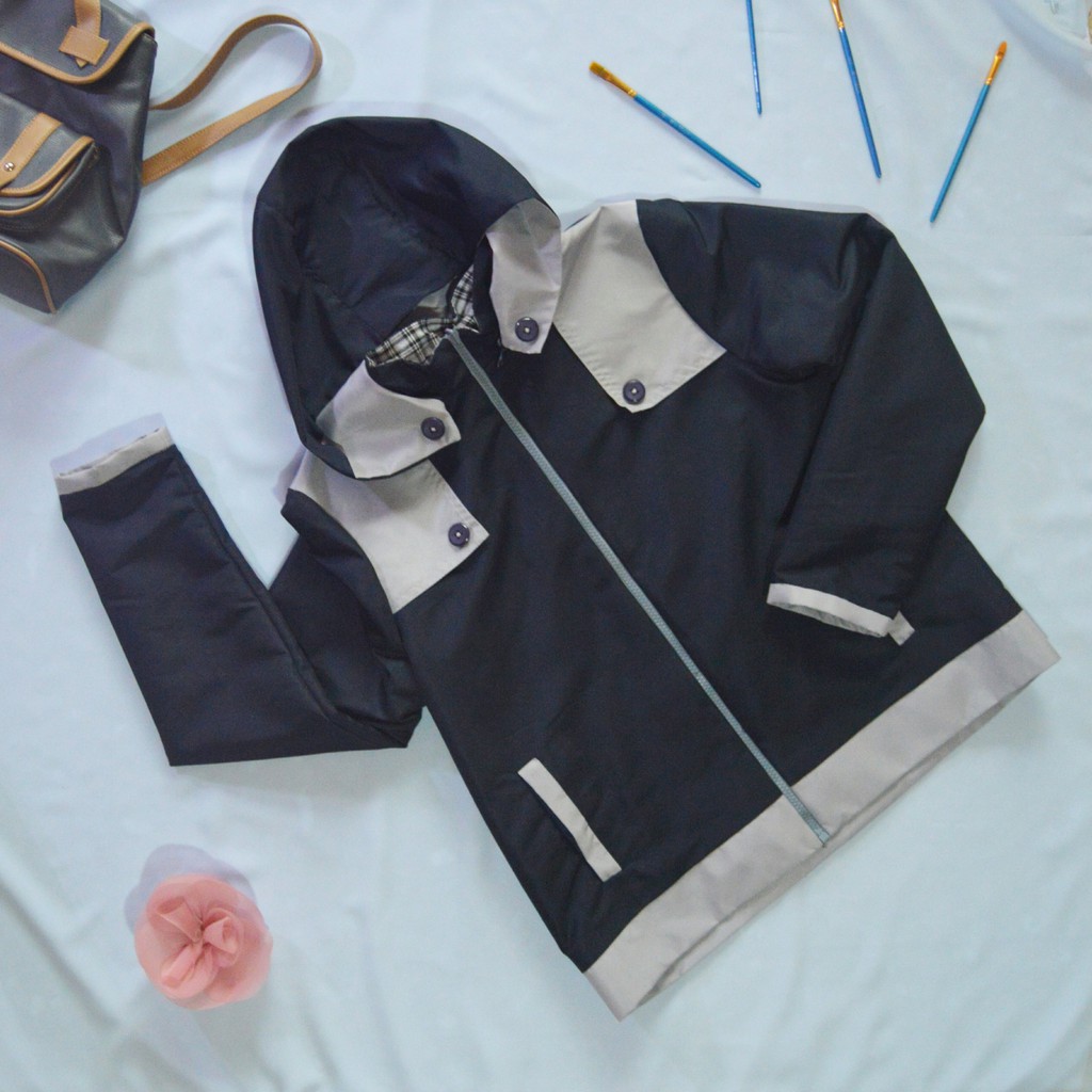 Jaket Wanita/Pria Waterdicht anti-air bolak-balik biru dongker