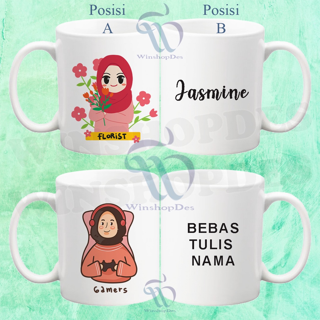 Mug Gelas Profesi Hijab Custom Nama | Kado Hadiah Gift Souvenir Hampers Wisuda Vol.02