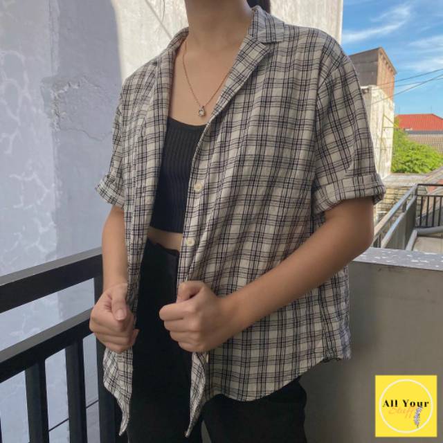 KEMEJA FLANEL TARTAN MURAH BLACK WHITE THRIFT WANITA