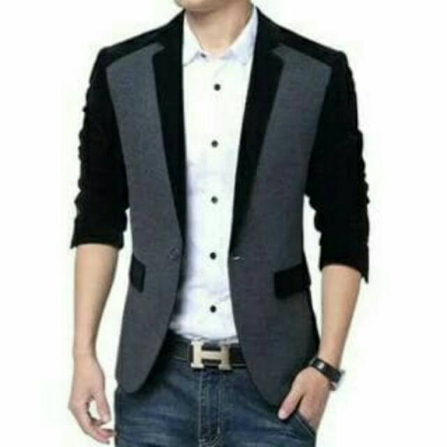 BLAZER PRIA COMBIE BLACK - Jas Casual Fleece Bludru Cowok Abu Kombinasi Hitam