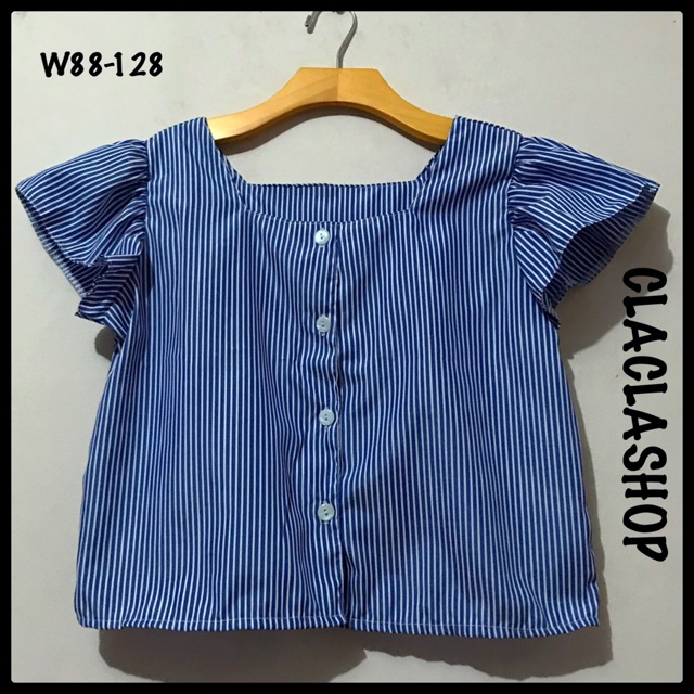 Blouse Biru Garis-Garis Off Shoulder Lengan Ruffle|Atasan Baju Garis-Garis Import Wanita