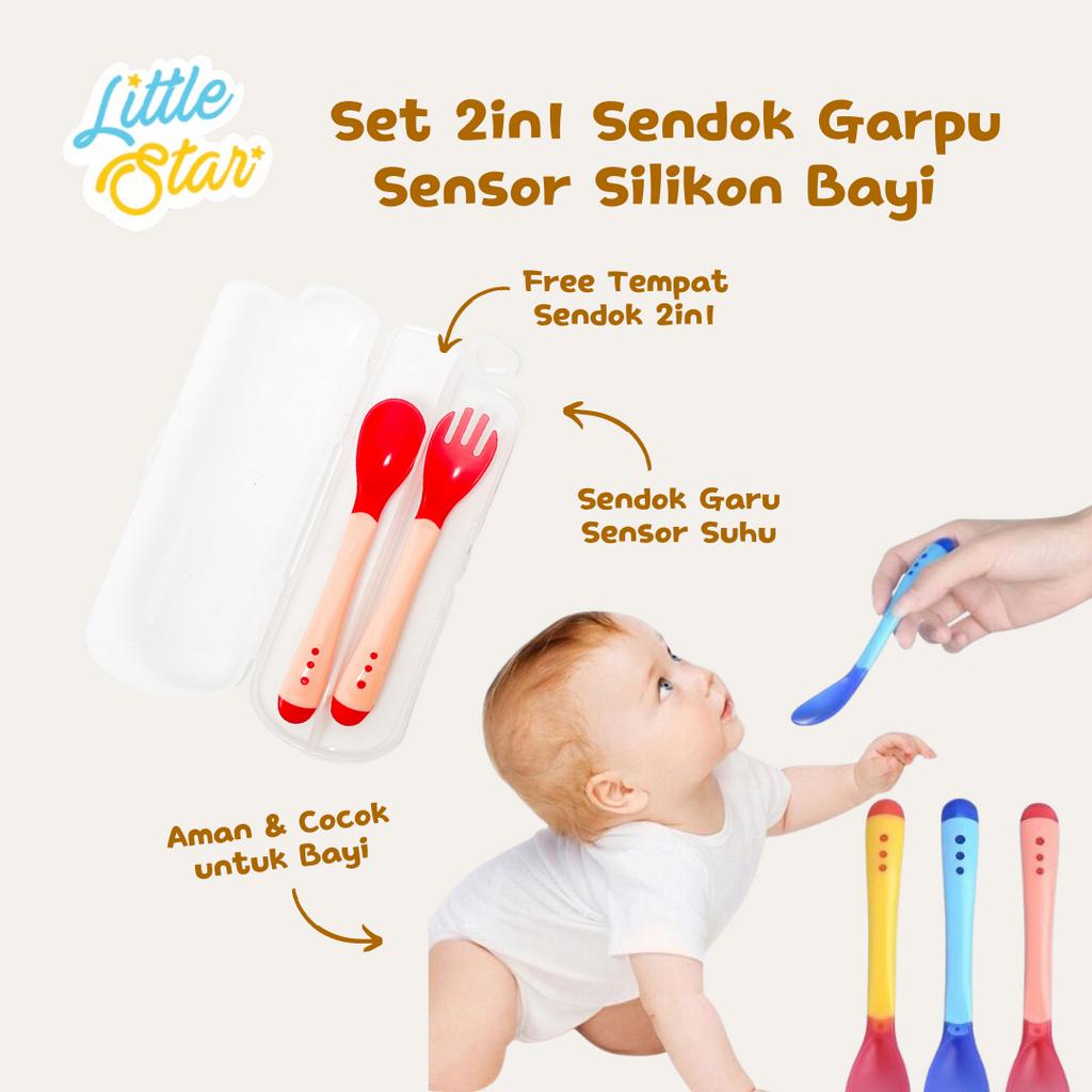 LS 2in1 Set Sendok Makan Mpasi Bayi Silikon Sensor Panas Bundling Free Box BPA Free Food Grade Baby Spoon Fork