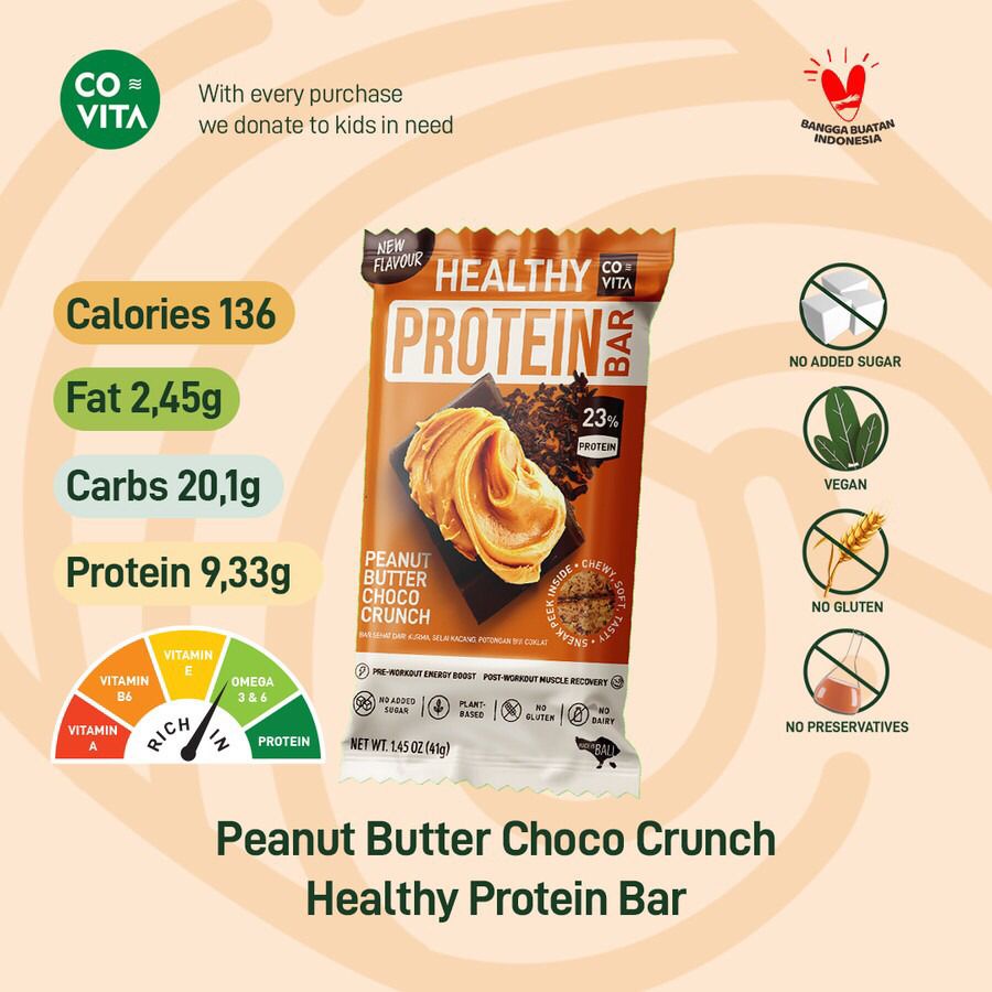 

Covita Healthy Protein Bar Peanut Butter Choco Crunch - Cemilan Sehat 40g