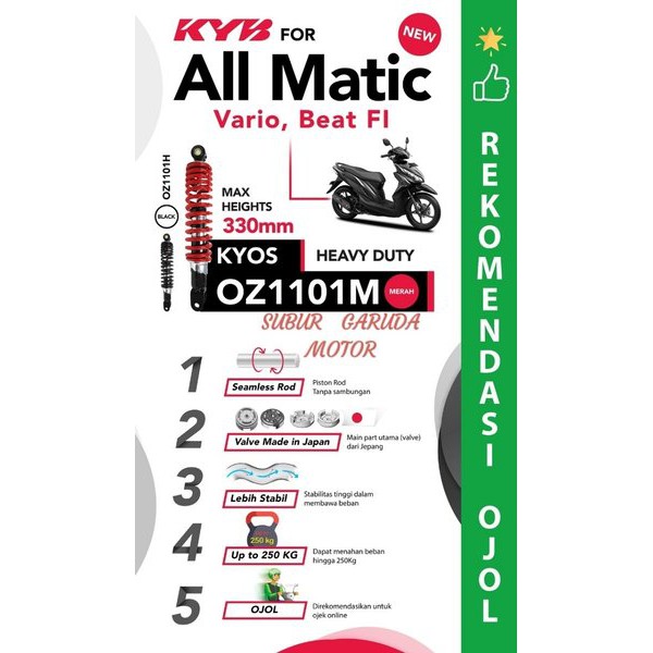 SHOCKBREAKER KAYABA HEAVY DUTY VARIO 125 BEAT FI SKYWAVE PANJANG 33 CM BEBAN BERAT MERK KAYABA KYB