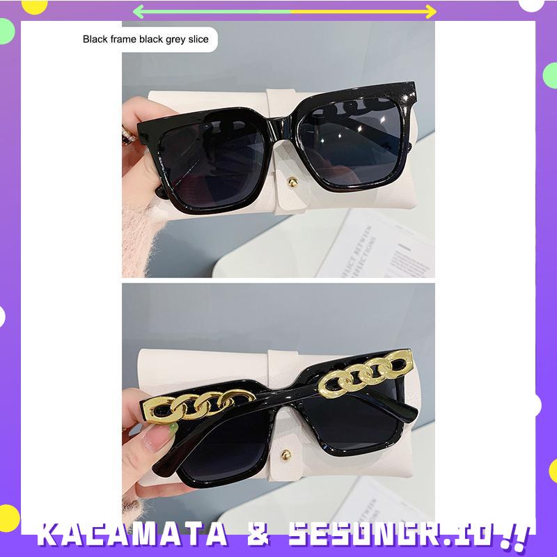 Kacamata Hitam Sunglasses Desain Rantai Persegi Bingkai Besar Kaca mata Retro Lensa Bening Kacamata Wanita Street Shooting