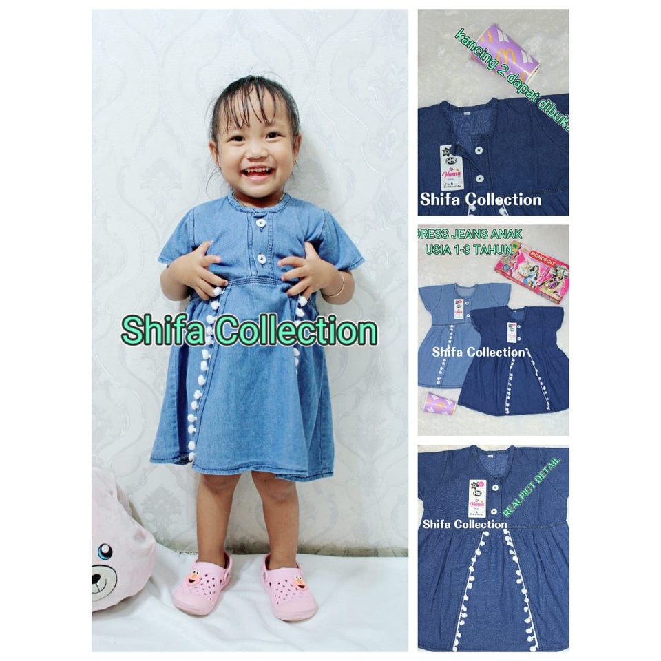 Baju Dress Jeans / Baju Dress Anak Perempuan Bahan Jeans Sakuratex 6,5 Ons Ukuran 4.5.6. usia 1-3 tahun