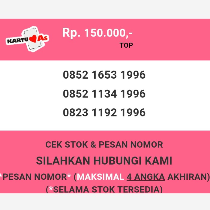 Nomor cantik Telkomsel AS murah tahun lahir 1996 simpati as T2888-150