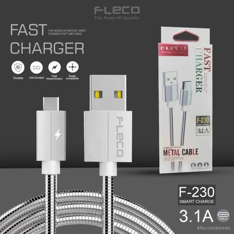 (Fleco F2.30C) Kabel Data Usb Type C Metal Plat Fast Charging 3.1A