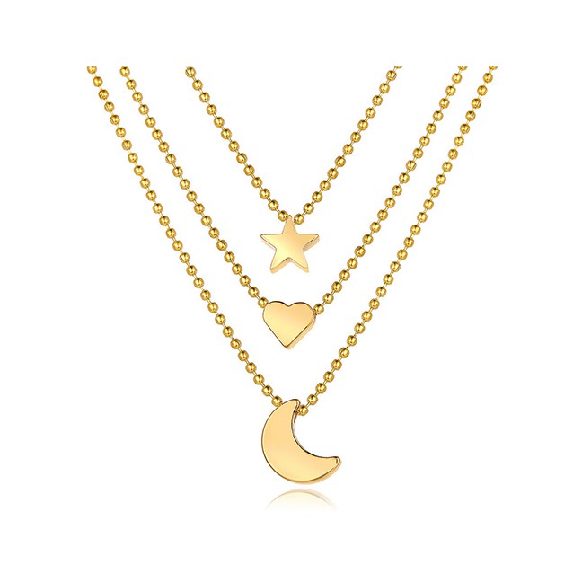 LRC Kalung Fashion Gold Alloy Star Moon Love Three Layer Necklace D49926