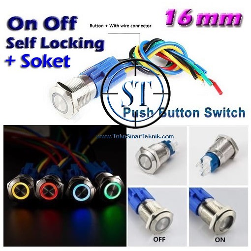 16mm Switch with Ring LED Saklar Metal Stainless Push Button Self Locking Plus  konektor Kabel Set Waterproof Mengunci On Off On