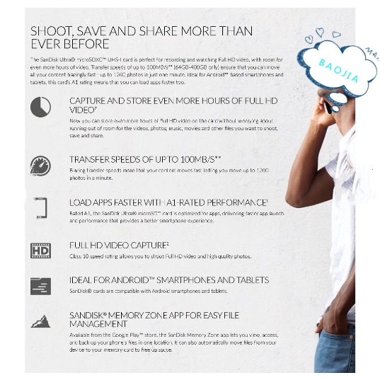 SANDISK Ultra Memory Card 128GB Micro SDXC UHS-1 c10 A1 98mb / s Free Adapter