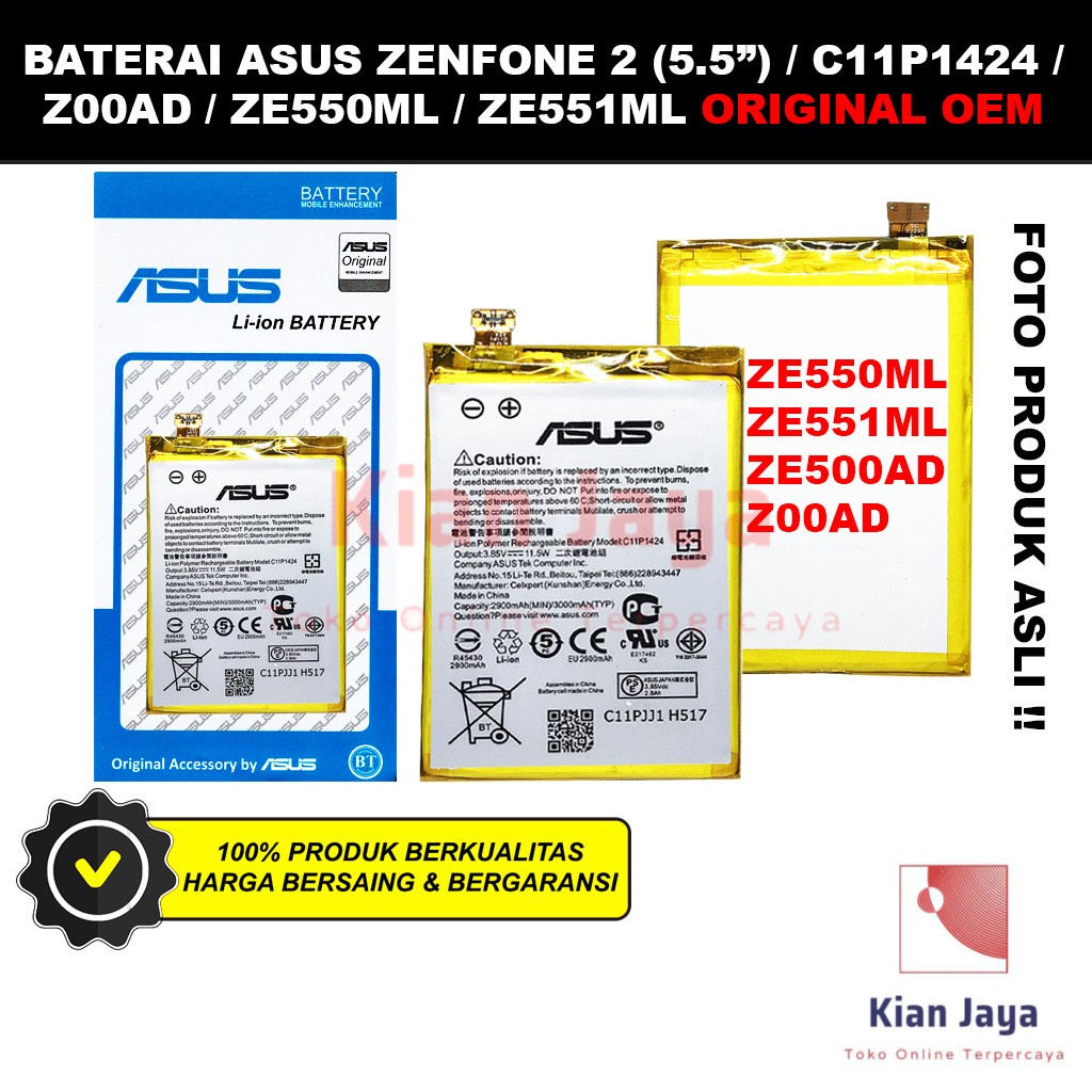 Baterai Asus Zenfone 2 5.5 inch ZE550ML ZE551ML Z00AD ZE500AD C11P1424 Original OEM Batrai Battery Hp Ori