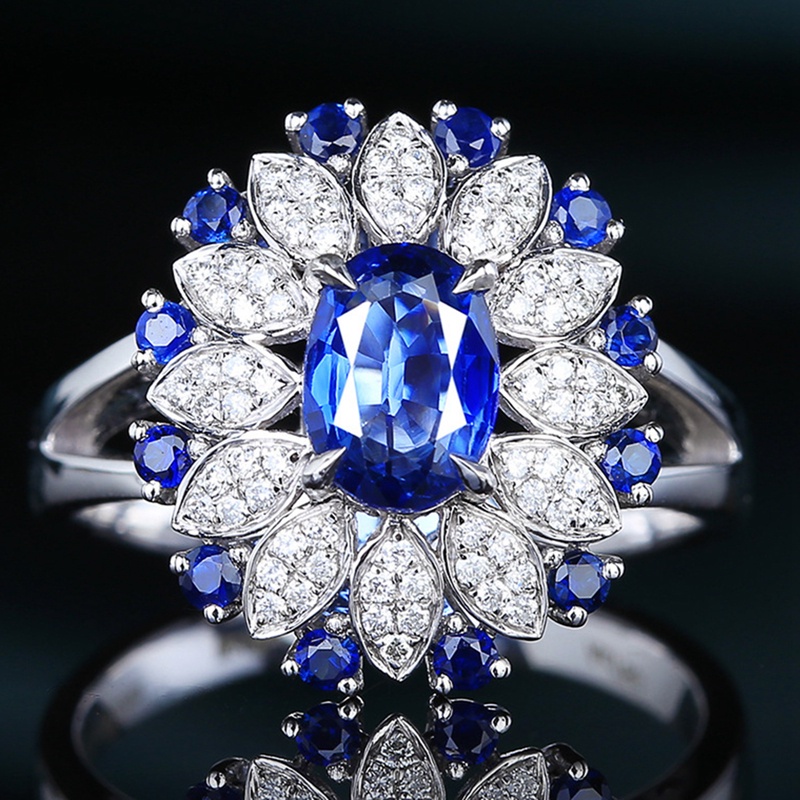 Fancyqube Cincin Model Terbuka Bentuk Bunga Oval Bahan Cubic Zirconia Biru Gaya Vintage Untuk Wanita