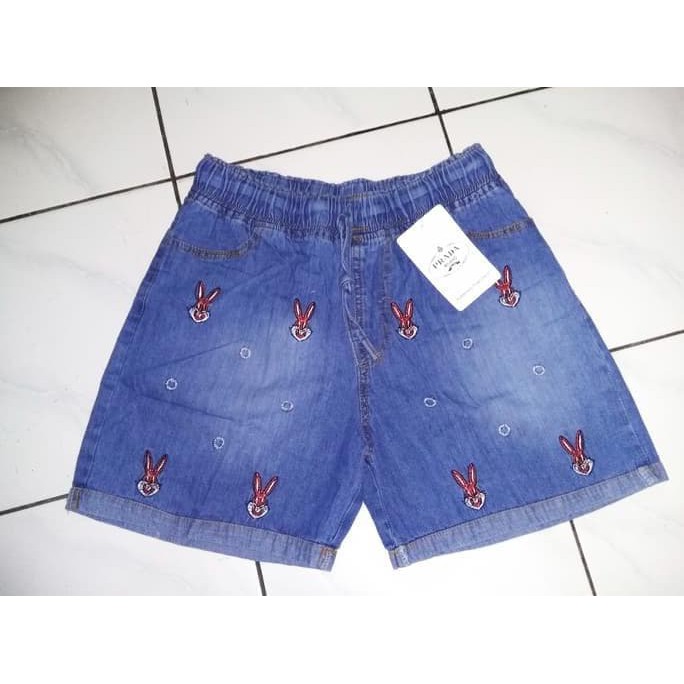 Hotpants Jeans Bordir Kelinci / Motif Rabbit Wanita / Hot Pant Jeans Pendek Cantik Pinggang Rubb