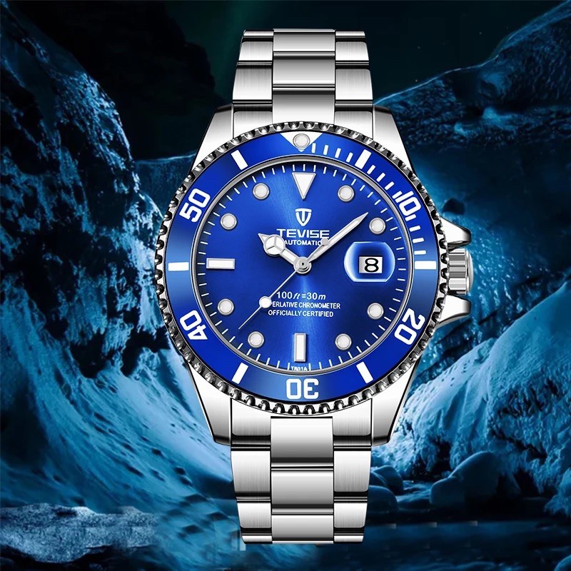 Jam Tangan Pria Mekanik Automatic Tevise Submariner Silver Blue