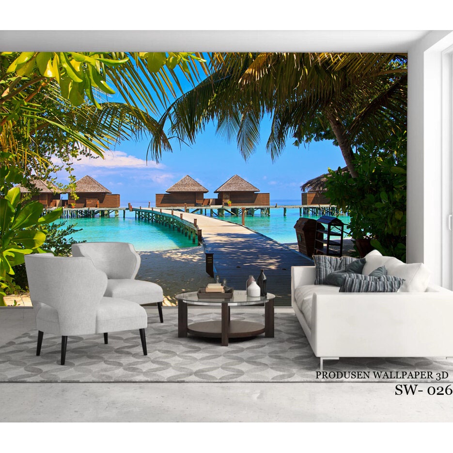 Wallpaper Custom Mural Pemandangan Pantai Pohon Kelapa Nature 3Dimensi