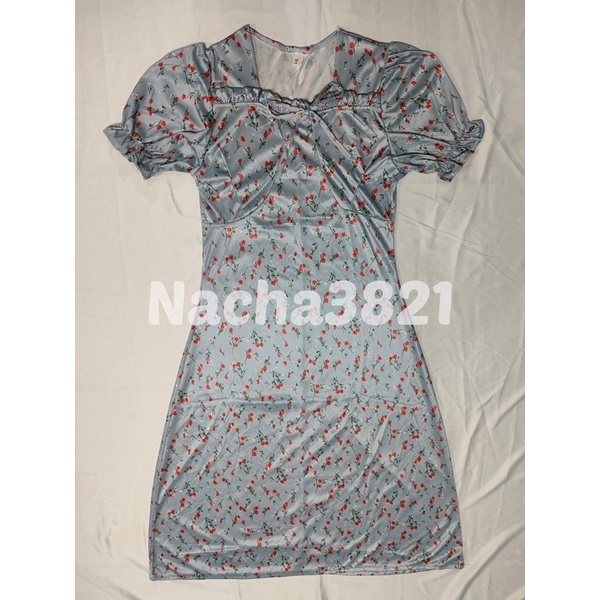 D132- Korean Blue Midi Dress Vintage Motif Flower Square Neck-5