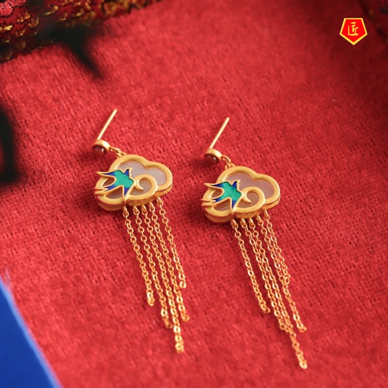 [Ready Stock]Gold Inlaid with Jade Vintage Earrings Classical Chinese Style