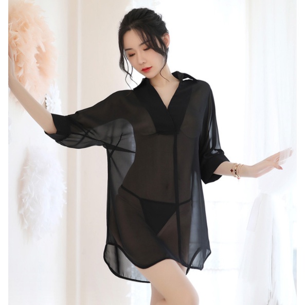 Feminine Transparent Chiffon Sentiment Underwear Underwear Slim-Fit V-Neck Boyfriend Style Lining Pajamas Nightdress Home Service Suit