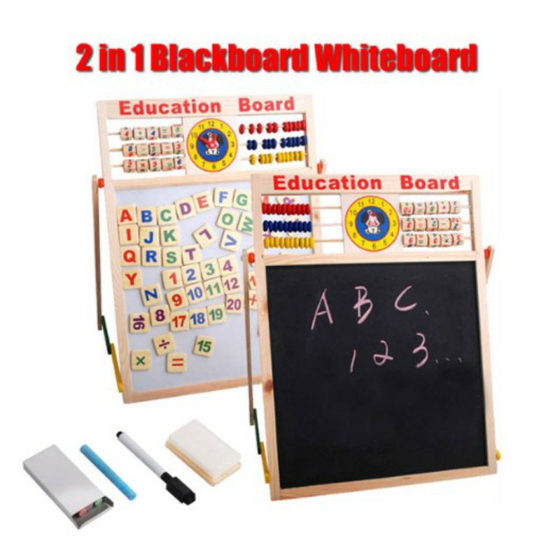 whiteboard blackboard 2in1 2 sisi berdiri education white black magnetic board papan tulis hitam putih sempoa alphabet belajar matematika jam edukasi mainan anak montessori portable set kayu