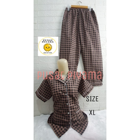 Setelan Lengan Pendek Piyama Baju Tidur Wanita Guilen Kotak Pajamas Cewek Dewasa Kekinian Abg-XL Lumin pndekCoklat