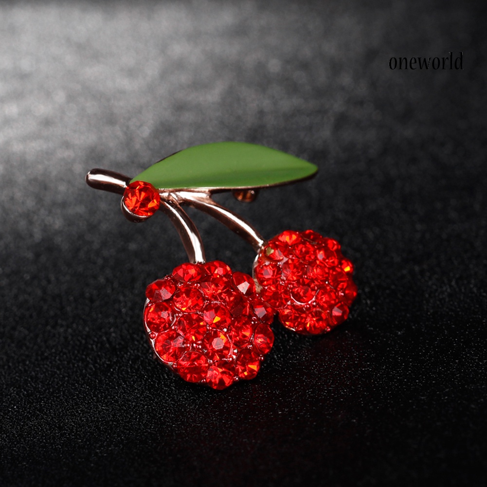 OW@ Women's Gorgeous Cute Red Rhinestone Cherry Leaf Fruit Brooch Pin Accessory