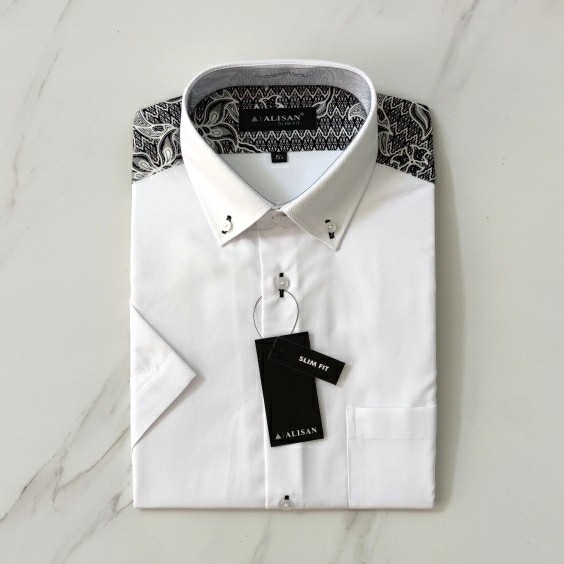 Alisan Kemeja Pria Slimfit Pendek Dobby Pundak Batik Putih Bersih