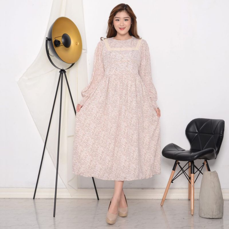 Korean Chiffon Retro Casual Dress with Lace Application Import Premium