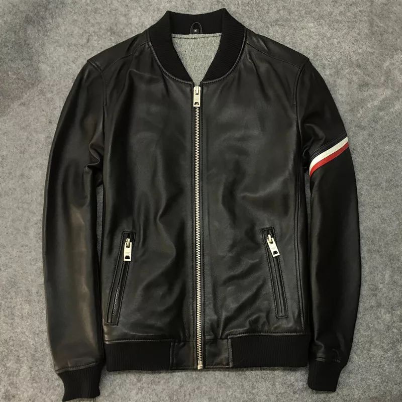 JAKET KULIT DOMBA MODEL BOMBER WARNA HITAM STRIP MERAH PUTIH TERBARU