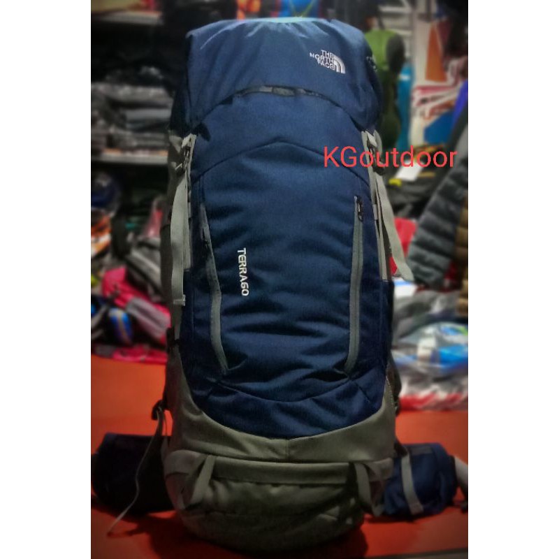 carrier ,tas gunung TNF terra 60 litre up 70litre,dua pintu,sudah termasuk rain cover,bila persediaa