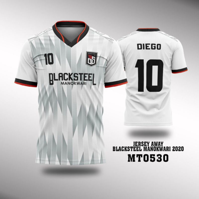 Kaos Jersey futsal bola BLACKSTEEL MANOKWARI putih v neck custom free nickname MT0530 XS-XL