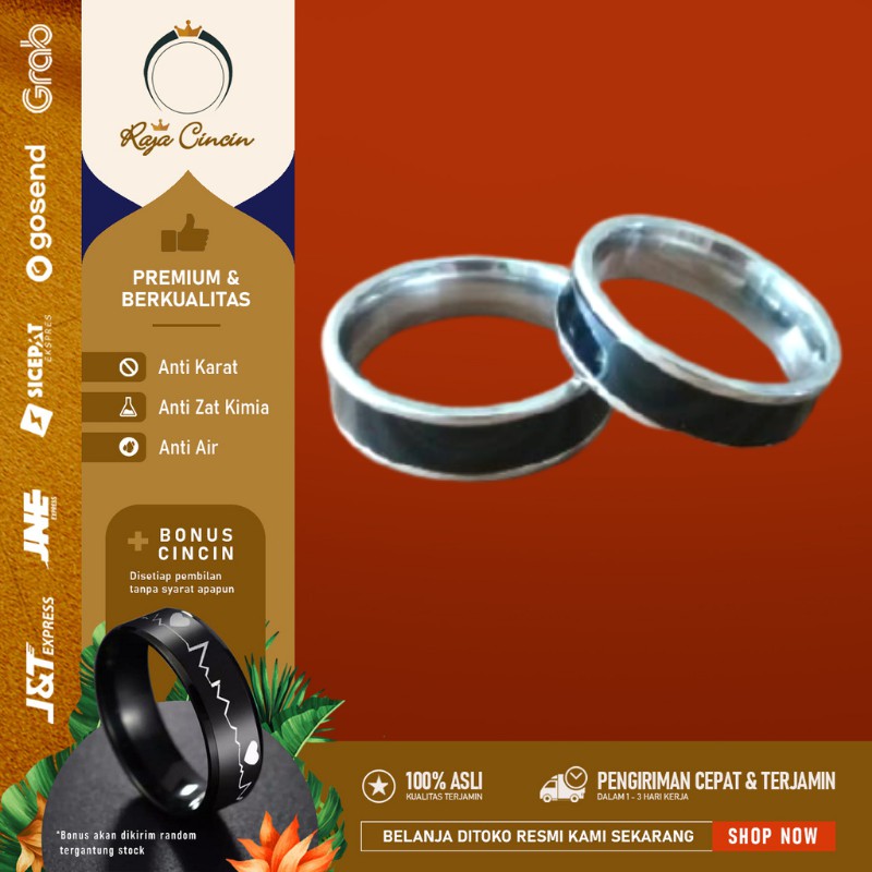 Cincin Titanium Wanita Pria Anti Karat HItam Lis Putih Perak