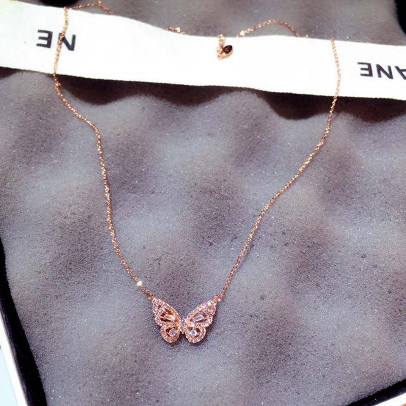 925 Sterling Silver Fashion Silver / Rose Gold Butterfly Female Pendant Necklace Shiny Crystal Wedding Ball Valentine Gift|Pendant Necklaces
