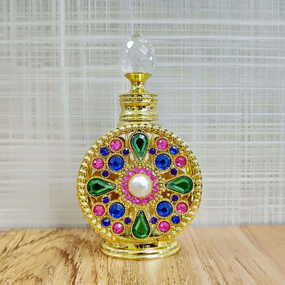 Rebuy Rhinestone Perfume bottle Portable 10ML Golden packaging Wadah Kosmetik Gaya Arab Dubai Alloy Botol Kosong Isi Ulang