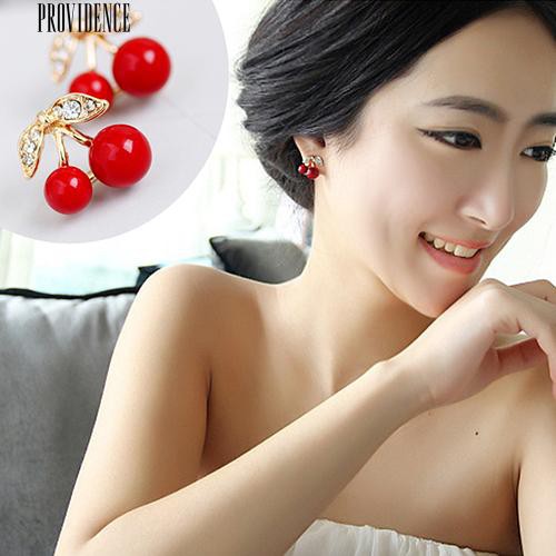 [Bayar Di Tempat]Anting Tusuk Bentuk Daun Cherry Batu Hias Berlian Merah