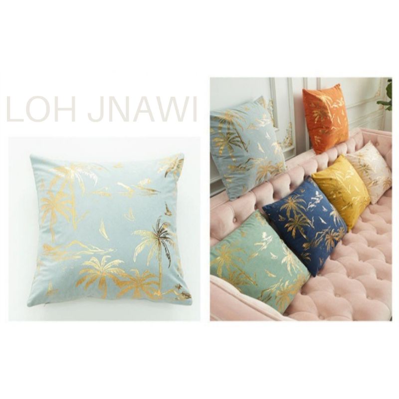 Cushion Cover Velvet Gold Print Sarung Bantal Sofa 45x45 cm Beludru Emas Tebal Tropical Style Premium Mewah Impor