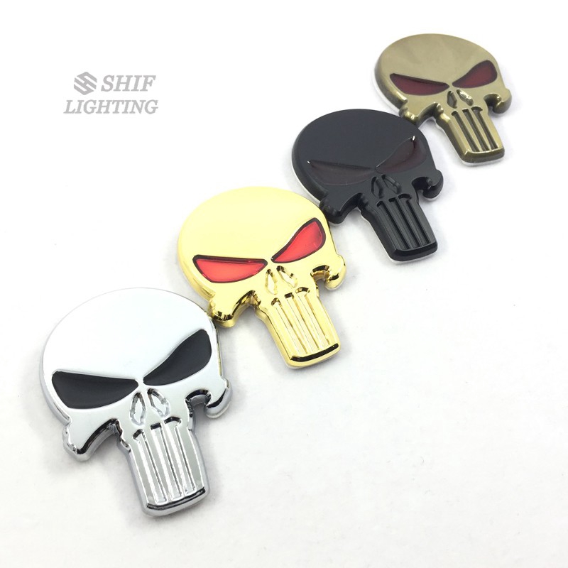 1Pc Stiker Emblem / Badge Motif Punisher Tengkorak 3D Bahan Metal untuk Body Mobil