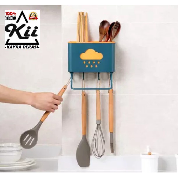 Rak Sendok Alat Dapur Tempel Dinding 2 Slot 4 Hook -Rak Mini Serbaguna