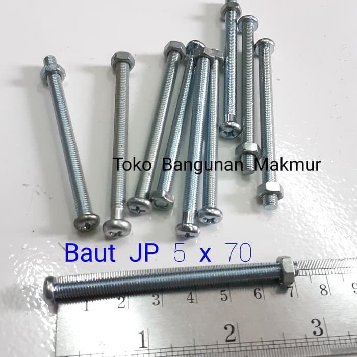 Baut Putih 5x70 + Mur Baut JP5x70 Kepala Obeng M5x70 M5 x 70 per 10 pcs
