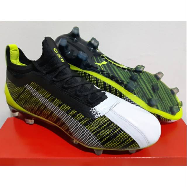 Sepatu Bola Puma One 5.1 Leather White Black Yellow Alert