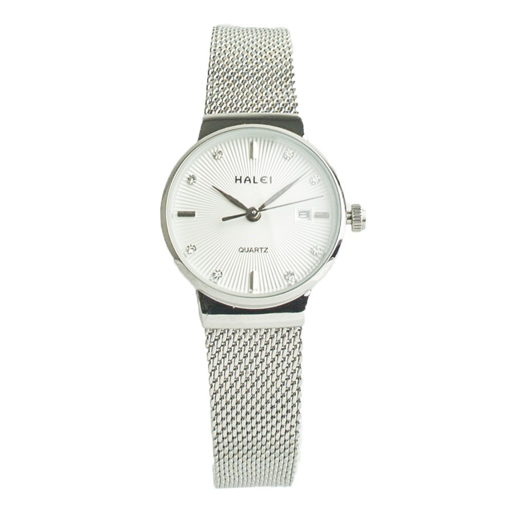 Jam Tangan Wanita Imut dan Keren Ditangan, Rantai Pasir Silver Halei Original Watch 8024 Plat Putih