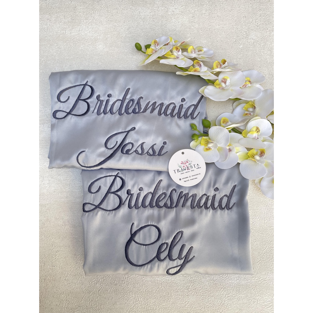 Trivesta Robes - Basic Robe Abu Silver - Kimono Robe Bridesmaid Satin + Free Bordir (Tulisan Bebas Bisa Nama)