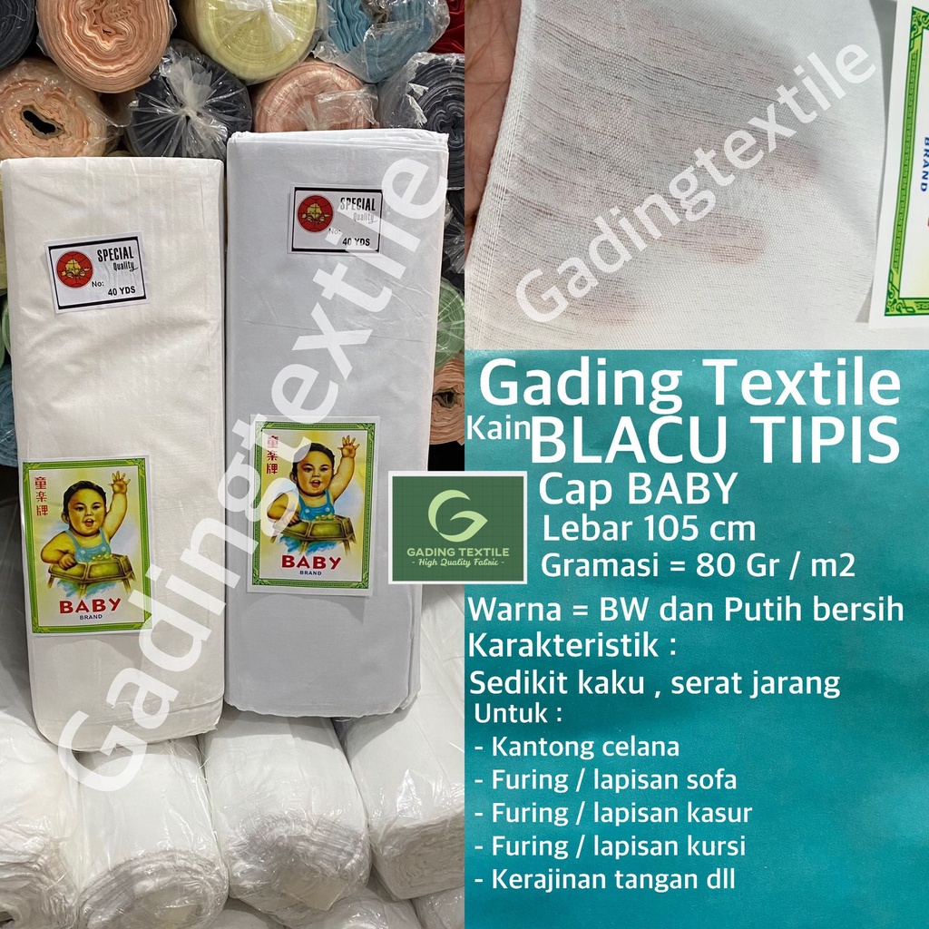 ( per 1 roll ) kain BELACU tipis BLACU cap BABY warna BW putih bersih lebar 105 cm rollan polyester bahan kantong celana furing lapisan sofa kursi craft kerajinan kelambu tas sovenir souvenir goodie bag tirai hordeng horden gorden dekorasi dekor