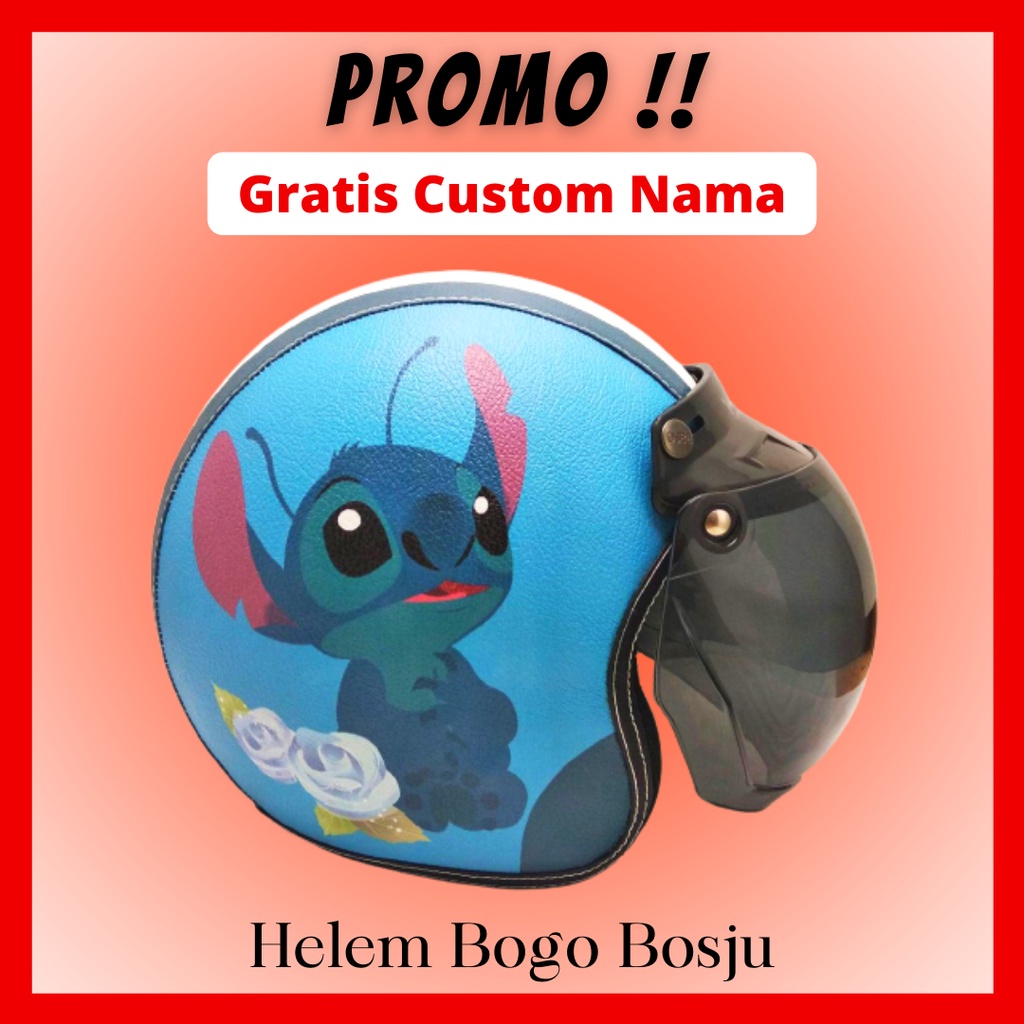 Helm Bogo Motif Stitch Biru | Custom Warna Nama | Helem Retro Klasik Anak Cewek Wanita Remaja Dewasa